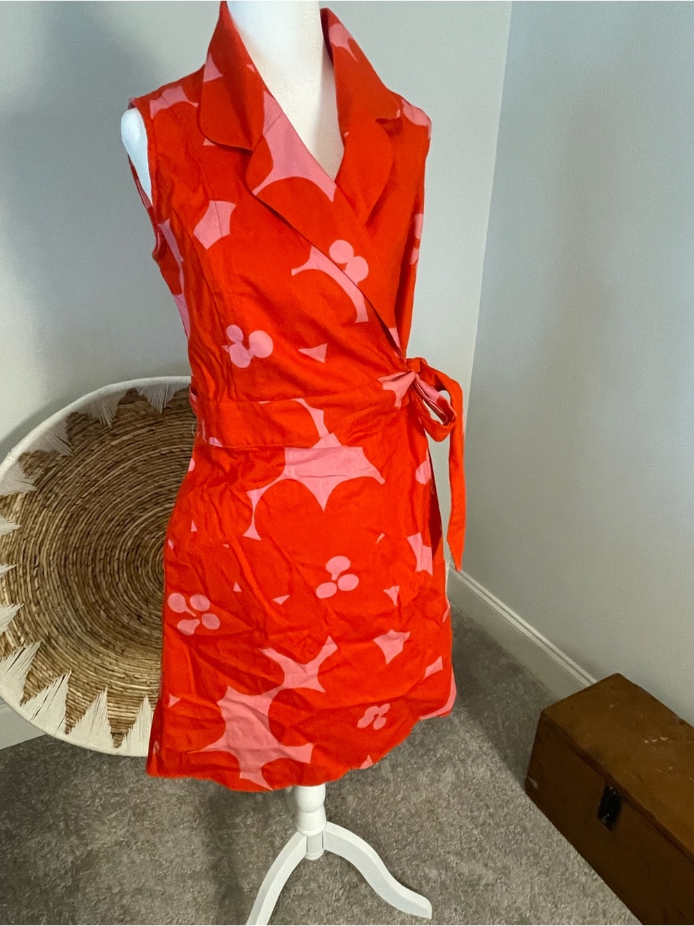 Sleeveless Red Wrap Dress with Pink Floral Print. Jumbo Bloom